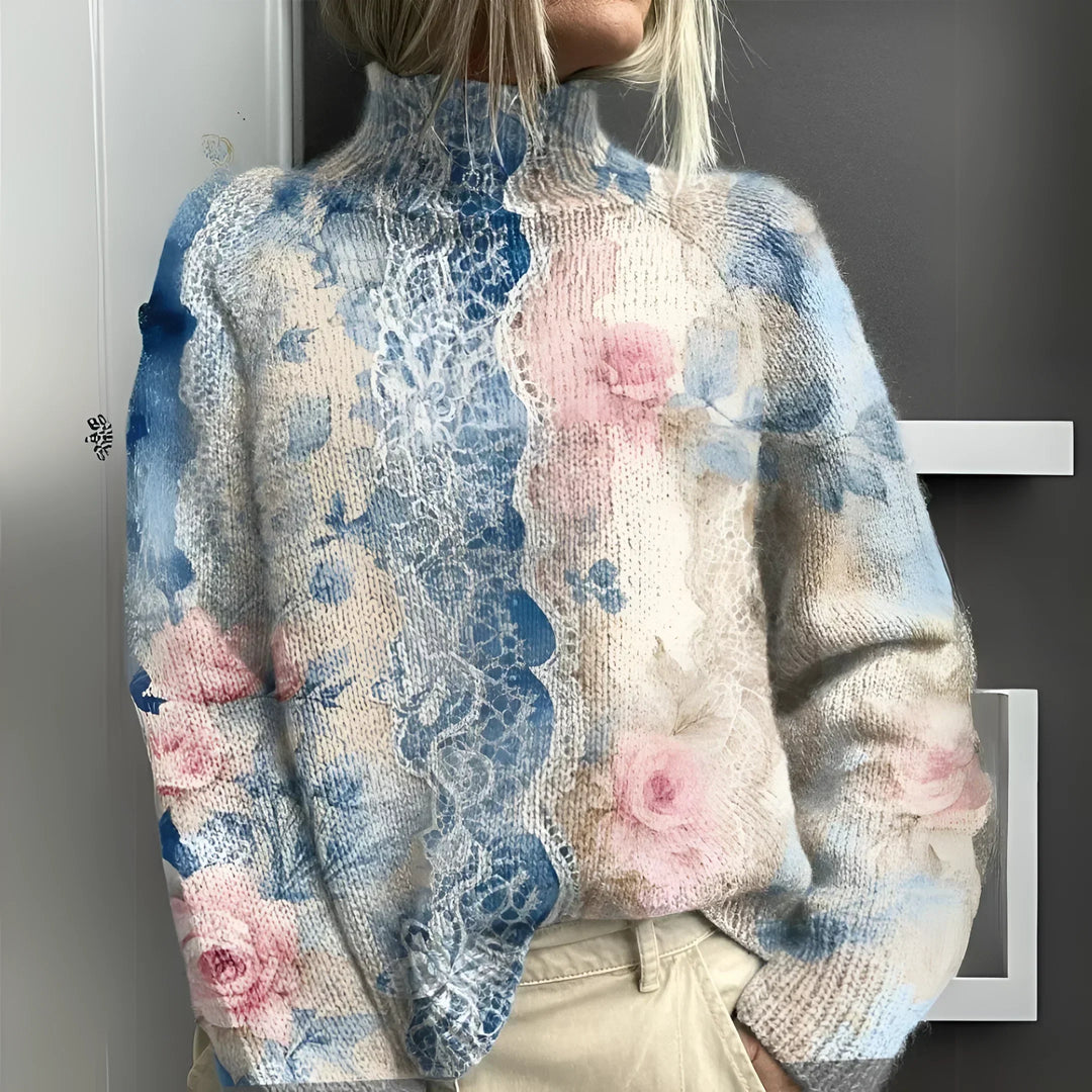 LUCIENNE™ | Floral Lace Knitted Roll Neck Sweater